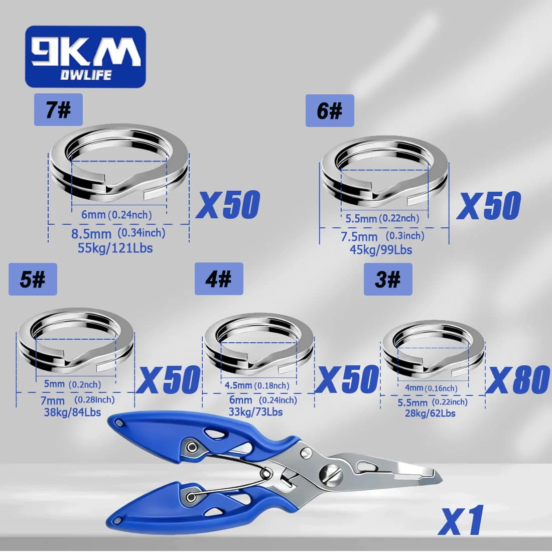 Kit inele despicate și clește pentru pescuit, 260-280 buc